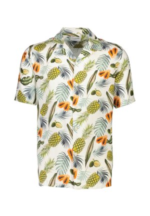 Kortärmad skjorta med vit bakgrund som har ett färgglatt tryck av ananaser, papaya och gröna blad, tillverkad av lättviktsmaterial.