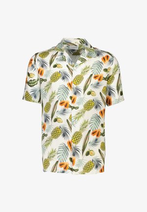 Lyhyet hihat sisältävä paita, jossa on valkoinen tausta ja värikäs painatus ananaksista, papayasta ja vihreistä lehdistä. Paita on valmistettu kevyestä kankaasta.