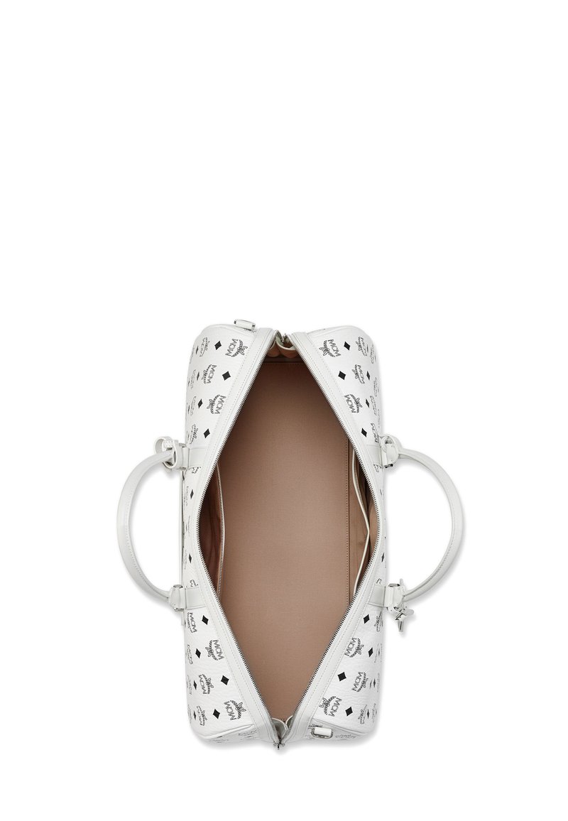 Weiße, strukturierte Handtasche mit schwarzen Druckmustern. Verfügt über zwei Tragegriffe, einen Reißverschluss und ein beiges Innenfutter ohne zusätzliche Fächer.