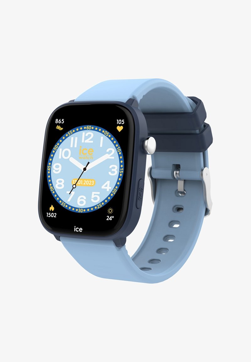 Älykello, jossa on neliömäinen musta kasvot, sininen tausta ja luminous-kädet. Ominaisuudet sisältävät vaaleansinisen silikonihihnan ja hopeisen soljen.