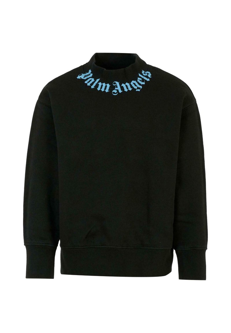 Zwart sweatshirt met lange mouwen en geribde manchetten, met lichtblauwe "Palm Angels" tekst die rond de halslijn is gebogen.