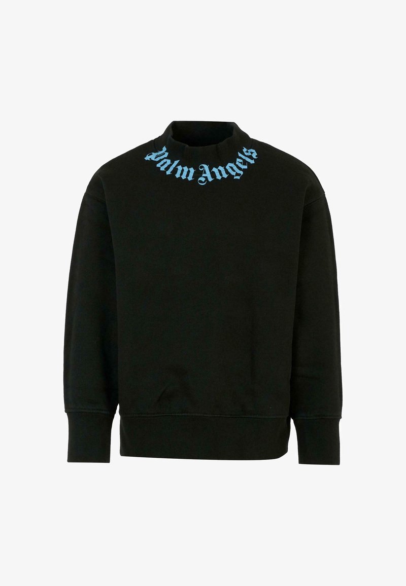 Czarna bluza z długim rękawem i ściągaczami, z jasnoniebieskim napisem "Palm Angels" umieszczonym w łuku wokół dekoltu.
