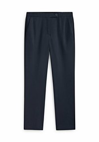 Navy dress pants made from smooth fabric, featuring a straight leg design, side pockets, and a single button closure at the waistband.