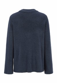 Dunkelblauer Strickpullover mit lockerer Passform, rundem Halsausschnitt und gerippten Säumen sowie Ärmelbündchen. Strukturierter Stoff mit glatter Oberfläche.