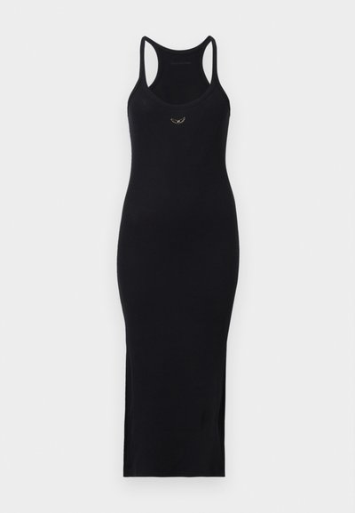 Juodas iki juosmens suknelė su prigludusia siluetu, turinti apvalų iškirpimą ir šoninius plyšius. Išskirtinis auksinis logotipo akcentas krūtinėje.