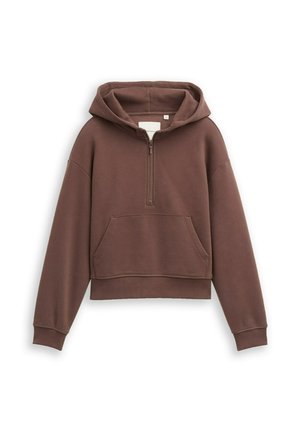 Bruine sweatshirt met capuchon, voorzien van een kwart ritssluiting, een buidelzak en geribde manchetten. Zachte textuur en cropped ontwerp.