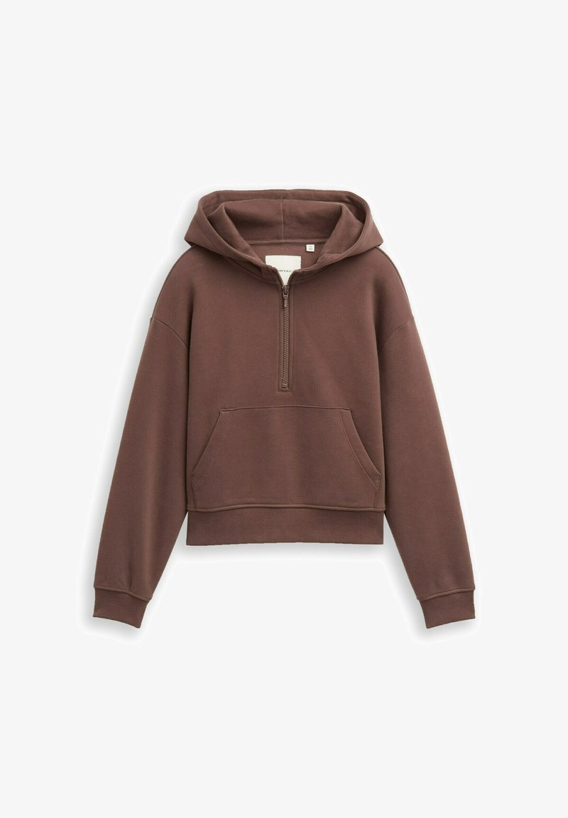 Brown hooded sweatshirt with a quarter zip, kangaroo pocket, and ribbed cuffs. Soft texture and cropped design.