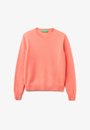 Maglione rosa corallo a maniche lunghe con scollo rotondo, polsini e orlo a coste, realizzato in morbido tessuto lavorato a maglia, disteso su uno sfondo bianco.