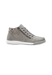 Baskets montantes grises en suede avec une texture, dotées d'une fermeture éclair sur le côté, de lacets ronds et d'une semelle en caoutchouc blanche.