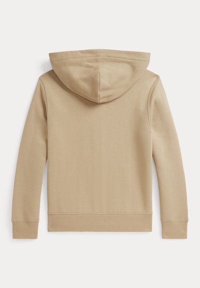 Beige hoodie met lange mouwen, capuchon, geribbelde boorden aan mouwen en zoom, van achteren tegen een effen witte achtergrond weergegeven.