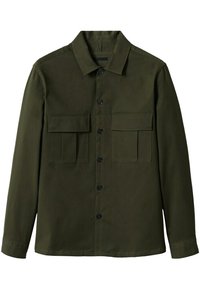 Camicia verde scuro con bottoni realizzata in tessuto liscio, dotata di colletto, due tasche sul petto e bottoni neri. Maniche lunghe con orlo dritto.