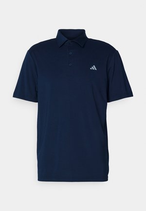 Polo azul marino confeccionado con tela ligera, con cuello, tres botones y un pequeño logo gris en el lado izquierdo del pecho. Mangas cortas.