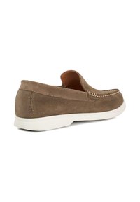 Brown suede loafers with a low cut, white rubber sole, and visible stitching details on the upper. No accents or patterns present.