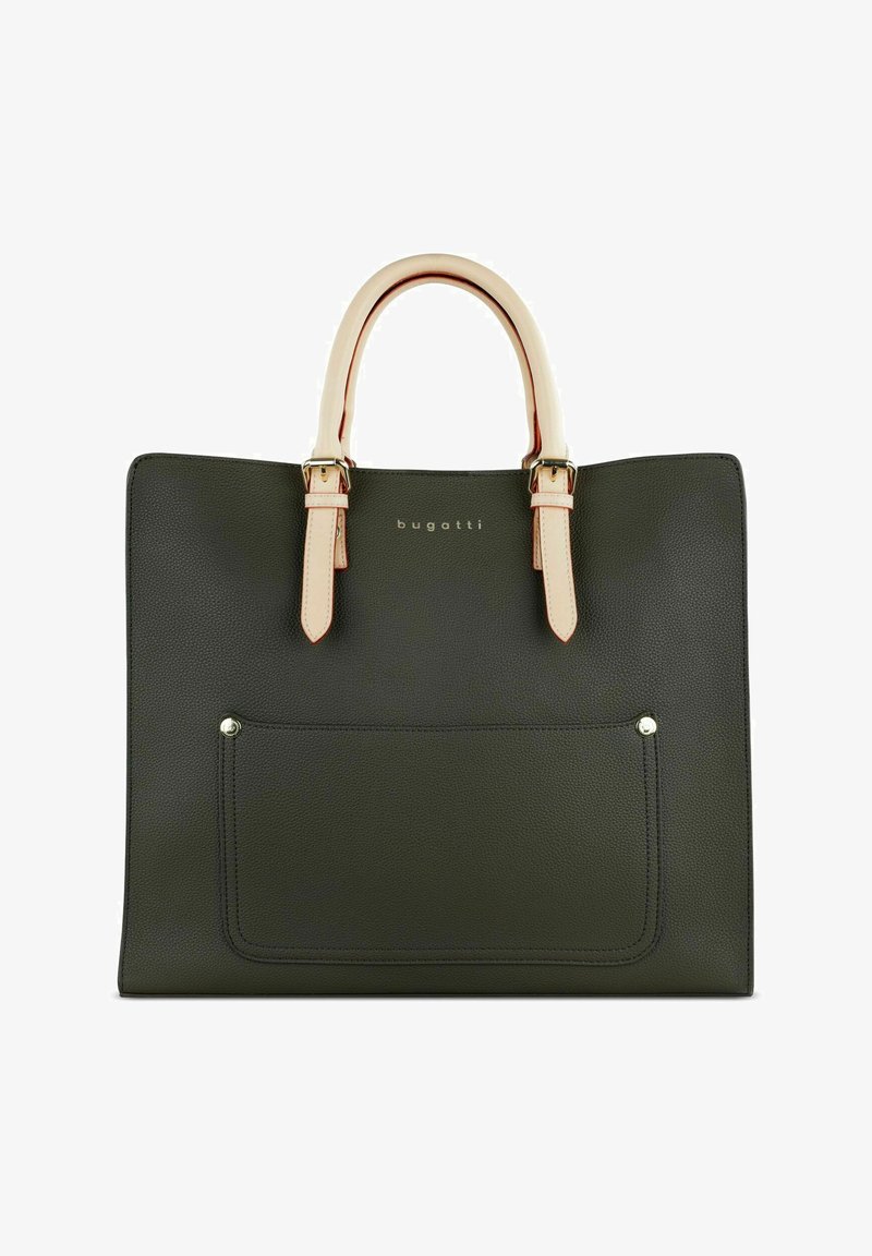Sac à main en cuir vert foncé avec des poignées et des accents beige clair contrastants. Dispose d'une poche avant avec un bouton-pression décoratif, logo en relief.