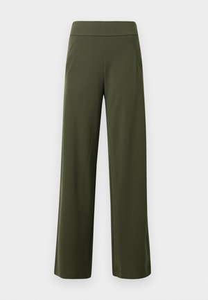 Pantalons larges en vert olive en tissu doux, dotés de deux poches latérales et d'une taille élastique lisse pour un confort optimal.