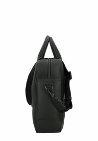 Sac structuré en cuir synthétique vert avec double poignée et bandoulière amovible. Dispose d'une fermeture éclair et d'une surface texturée.