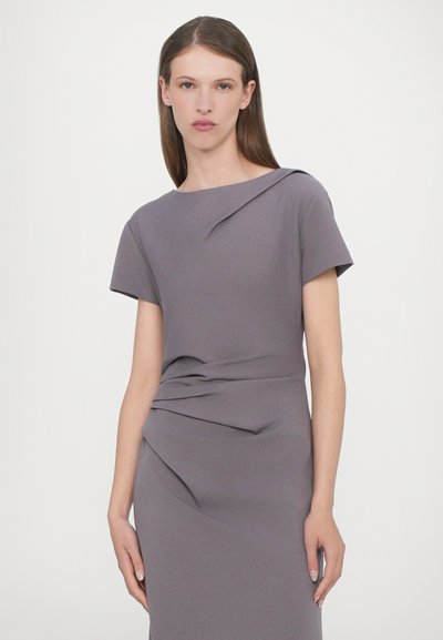 Gray, fitted dress with short sleeves, featuring draped texture and a subtle off-shoulder design. Smooth fabric with minimal detailing.