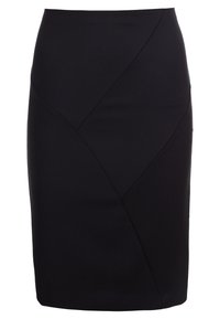 Svart blyertskjol i slät väv, med diagonala paneler och en figurnära siluett, knälång med en lätt lyster.