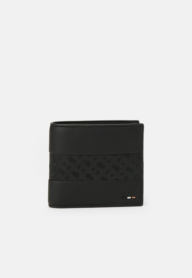 Black leather wallet featuring a textured band, rectangular shape, and embossed design. Display includes branded detailing and smooth finish.
