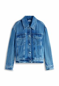 Giacca di jeans in azzurro chiaro, con colletto, maniche lunghe, due tasche sul petto e bottoni argentati. Texture sdrucita in tutto il capo.