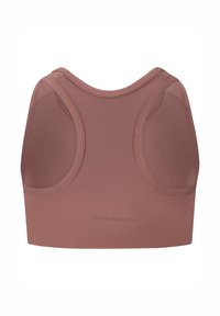 Braunes sportliches Sport-BH mit breiten Trägern, nahtlosem Design und leichtem Stoff. Strukturmaterial mit "ENDURANCE"-Logo auf der Rückseite.
