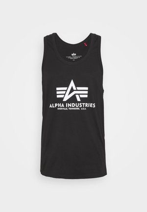 Black cotton tank top featuring a large white logo with an emblem and text "ALPHA INDUSTRIES, KNOXVILLE, TENNESSEE, U.S.A." on the front.