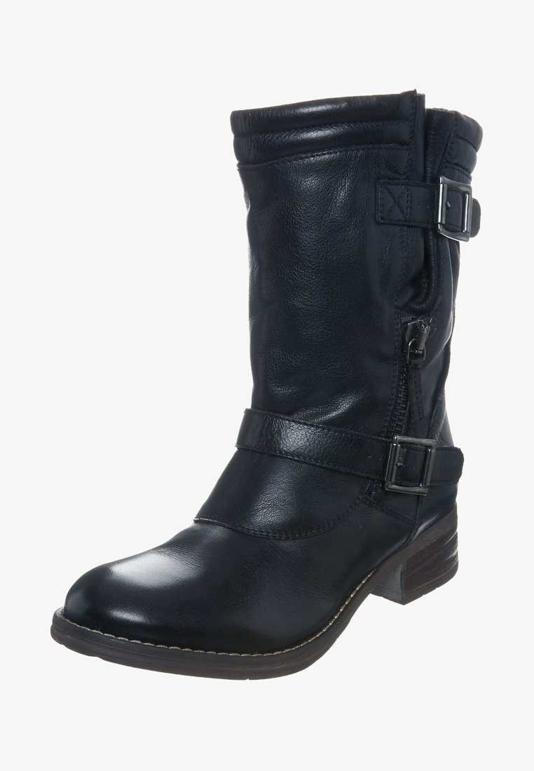 Botte noire en cuir mi-mollet avec deux brides à boucle ajustables, fermeture éclair latérale, bout arrondi et talon bas empilé.
