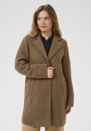 Brown wool blend coat with a notched collar, long sleeves, and front pockets. Features a textured finish and single button closure.