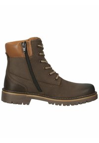 Brown leather ankle boot with tan accents, lace-up front, side zipper, rugged sole, and contrasting stitching details.