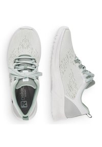 Pair of white and light gray athletic sneakers with knit uppers, lace-up design, cushioned soles, and branded insoles laid flat on a white background.
