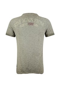 Light grey short-sleeve t-shirt featuring a faded text design on the back that reads "RISE AGAIN FROM THE ASHES." Soft, textured fabric.