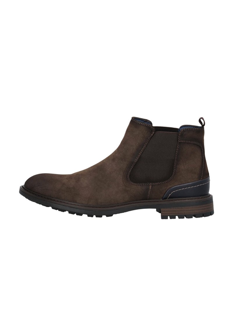 Bottines en daim marron avec des panneaux élastiques sur les côtés, un bout arrondi, des coutures contrastées et une semelle en caoutchouc texturée.