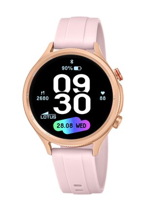 Smartwatch w różowozłotej kopercie i różowym pasku pokazujący godzinę 09:30, datę 28.08 środa, 2680 kroków, tętno 88 bpm oraz 90% baterii.