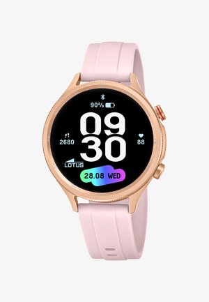 Smartwatch med rosaguldetsui og pink rem, der viser klokkeslæt 09:30, dato 28.08 onsdag, 2680 skridt, puls 88 bpm og 90% batteri.