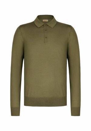 Olivgrünes langärmeliges Poloshirt mit drei Knöpfen sowie gerippten Bündchen und Saum, dargestellt vor weißem Hintergrund.