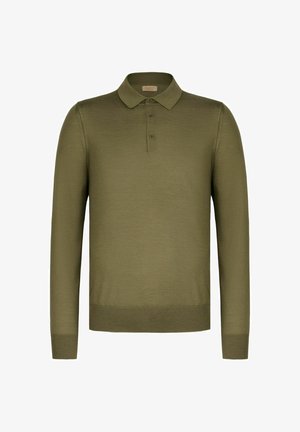 Olivgrünes langärmeliges Poloshirt mit drei Knöpfen sowie gerippten Bündchen und Saum, dargestellt vor weißem Hintergrund.