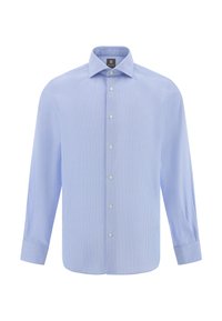 Gaiši zils svītrainais krekls ar garām piedurknēm, pogājams priekšpuse, mīksta auduma, standarta apkakle un noapaļotas aproces. Satur plānas baltas vertikālas svītras.