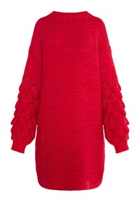 Maglione oversize rosso a maglia con scollatura rotonda, corpo testurizzato e maniche a palloncino con dettagli a strati a forma di scallop.