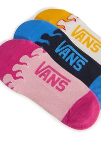 Trzy pary niskich skarpetek w kolorze różowym, niebieskim i żółtym. Każda z nich ma logo "VANS" i wzór fali w okolicy palców. Miękka, dziana faktura.