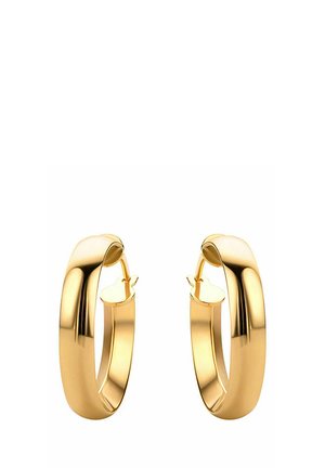 Goldfarbene Huggie-Ohrringe mit einer glatten, polierten Oberfläche und einem Scharnierverschluss für sicheren Halt. Runde Form mit glänzender Oberfläche.