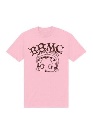 Pink bomulds t-shirt med en sort grafik af en tegneseriefigur med store øjne og et hovedtørklæde, mærket "BBMC." Klassisk crew neck.