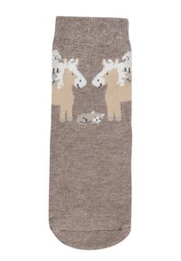 Brown socks featuring a design of two beige horses facing each other, with a small horse illustration between them, textured fabric.