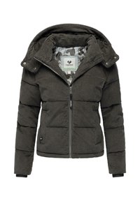 Giacca imbottita in tessuto a coste grigio scuro, con cappuccio, chiusura con zip e tasche frontali. Foderata con un interno a motivi.