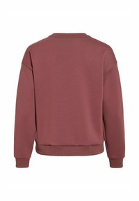 Bluza cu mâneci lungi și guler rotund, în culoarea roz prăfuit, cu manșete și tiv nervurate, prezentată din spate pe un fundal alb.