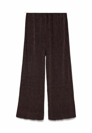 Pantalons à jambes larges en tissu texturé marron foncé. Taille élastique, motif à côtes verticales et jambe évasée. Design simple et polyvalent.