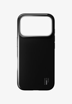 Sort smartphone-cover med mat finish, der har en rektangulær kameraupskæring øverst og diskret branding på den nederste kant.