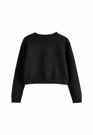 Schwarzer, taillierter Pullover aus weichem Strickstoff. Hat lange Ärmel, einen runden Halsausschnitt sowie gerippte Bündchen und Saum. Minimalistisches Design.