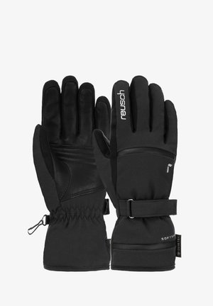Schwarze Winterhandschuhe mit Lederhandfläche, textiler Oberseite, verstellbaren Handgelenkschnallen und elastischen Manschetten für einen snug-fit.