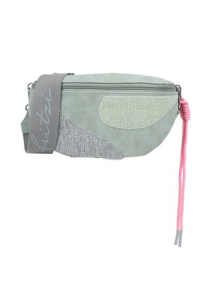 Light green fabric bag with grey and textured accents, a zip closure, and a pink braided pull tab. Adjustable grey strap with logo.