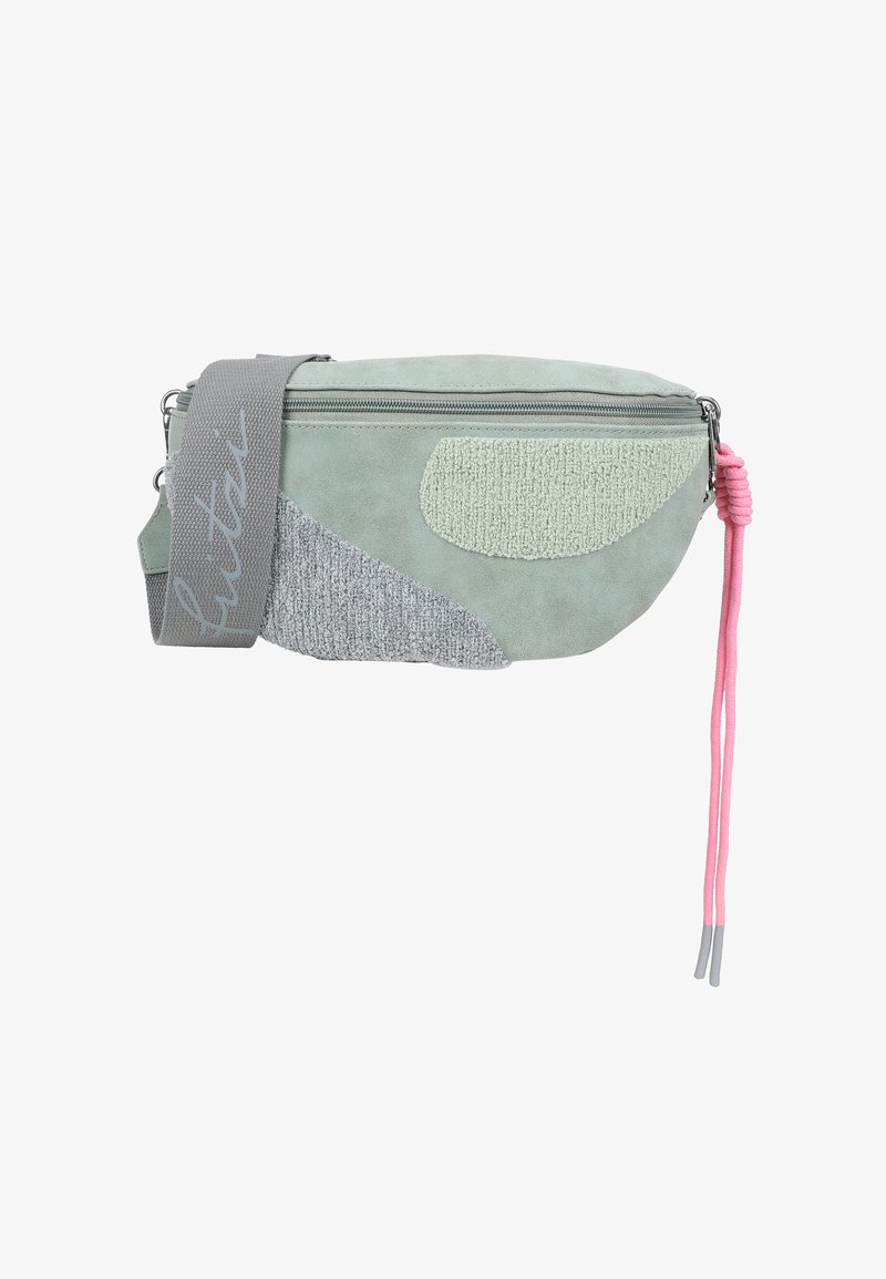 Light green fabric bag with grey and textured accents, a zip closure, and a pink braided pull tab. Adjustable grey strap with logo.